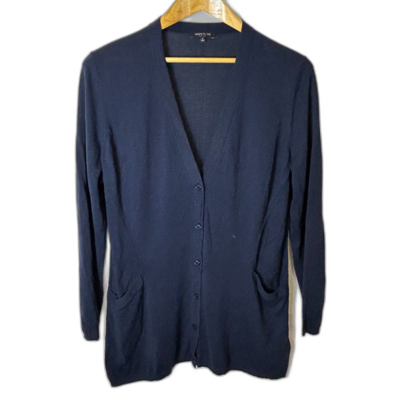 Lafayette 148 Navy V-Neck Button Front Long Sleeve  Long Cardigan Sweater Size L - Picture 2 of 13